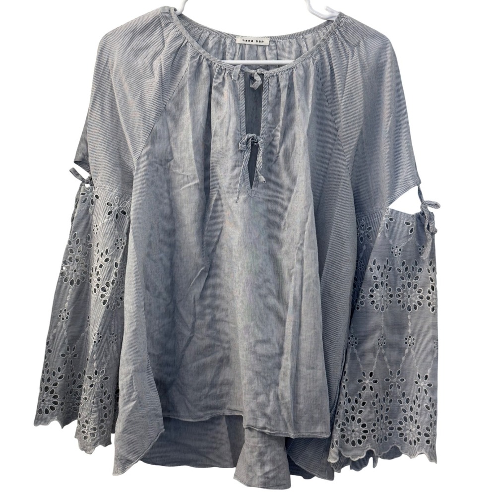 Hana San Blue White Striped Eyelet Bell Sleeve Cotton Blouse Top Womens 38 M